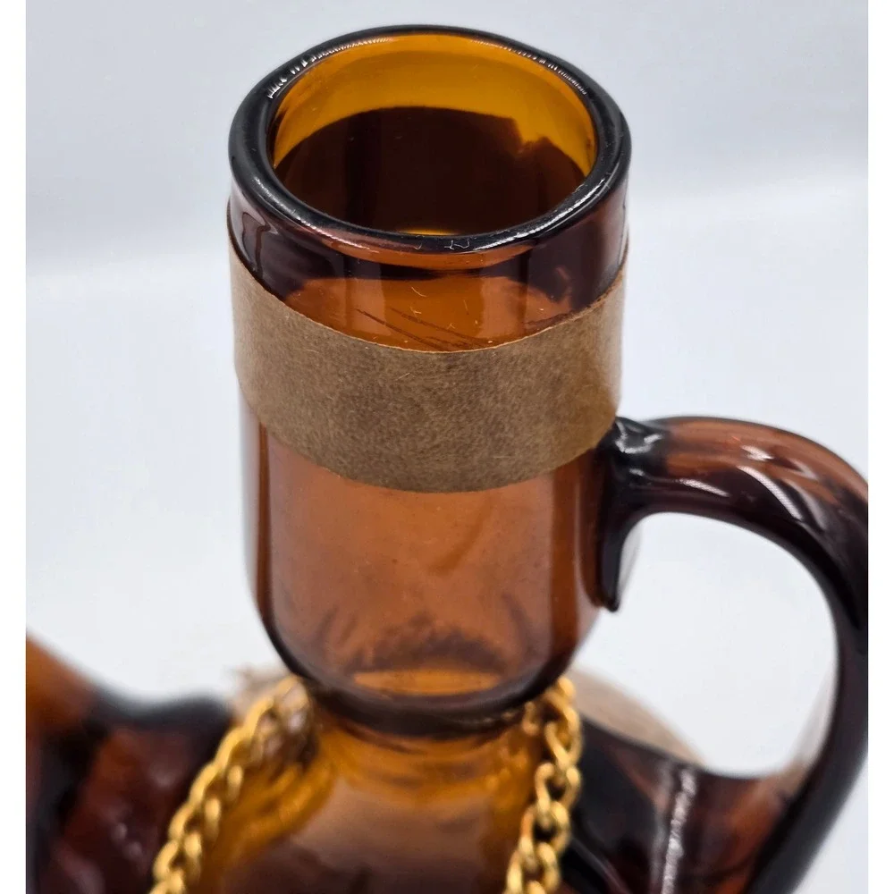 Vintage Tintorro Amber Glass Porron Decanter with Wood Stopper and Chain Handle